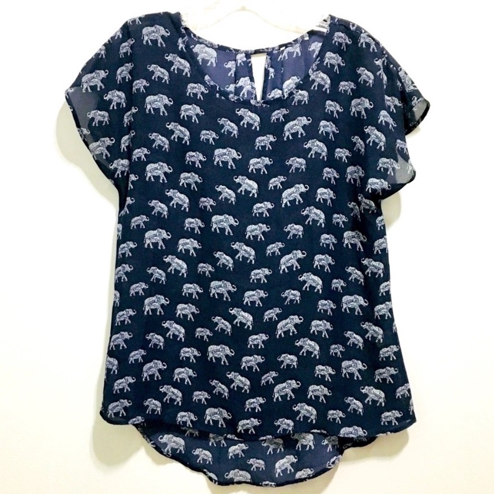 Women’s Short-Sleeve Top Navy Blue with Elephant Pattern